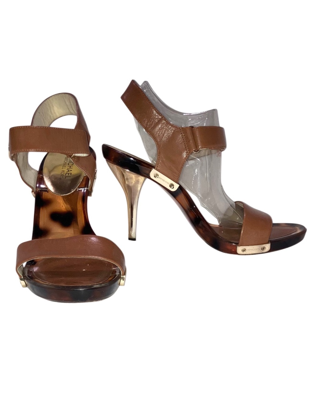 Michael Kors Lani Tortoise Sandal High Heel Lucite Gold Shoes Sandals Size 11 - Picture 10 of 11